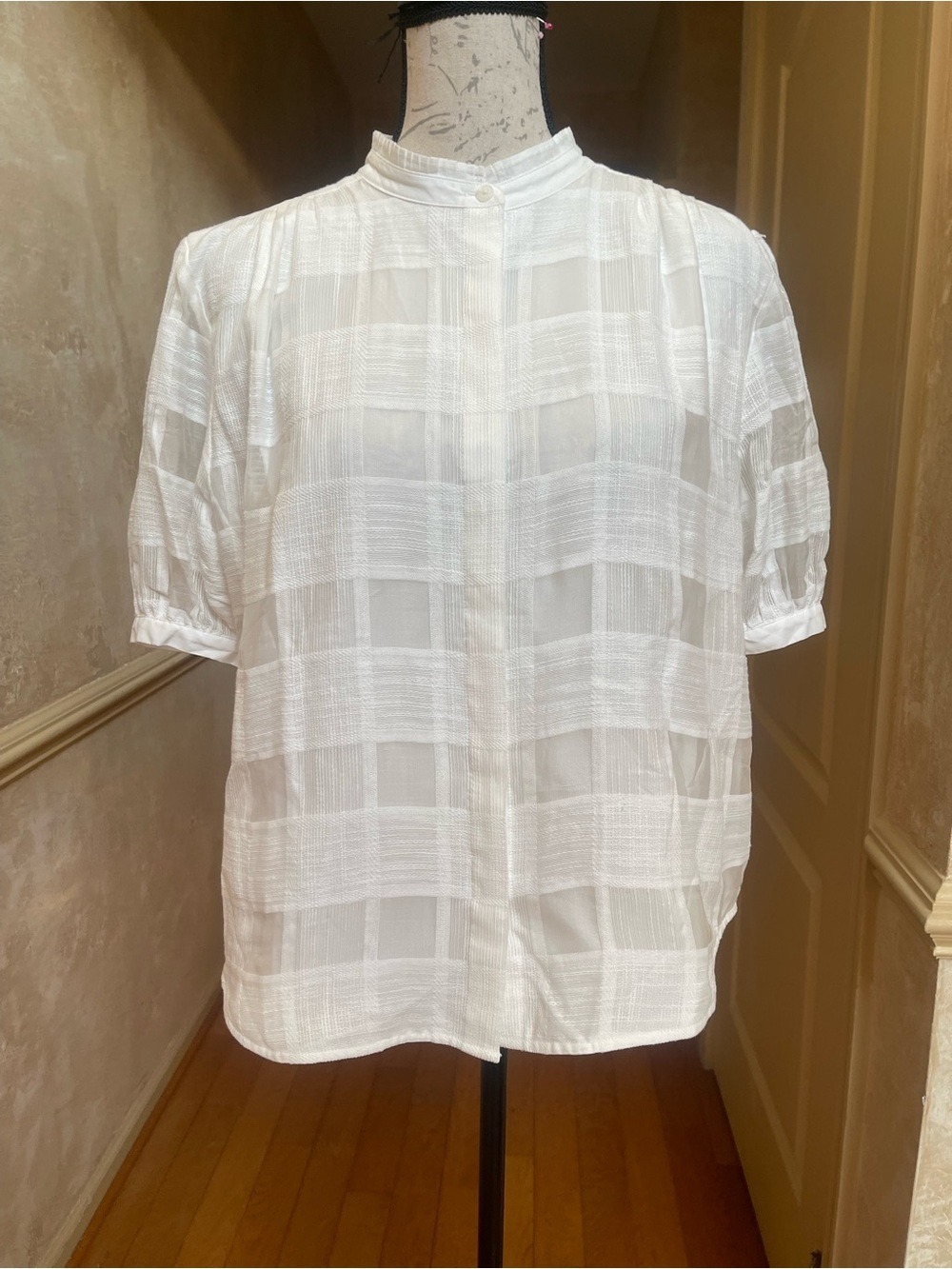 Rag & Bone White Jordan Plaid Short Sleeve Ruffle Collar Puff Blouse Top L NWT - Picture 2 of 10
